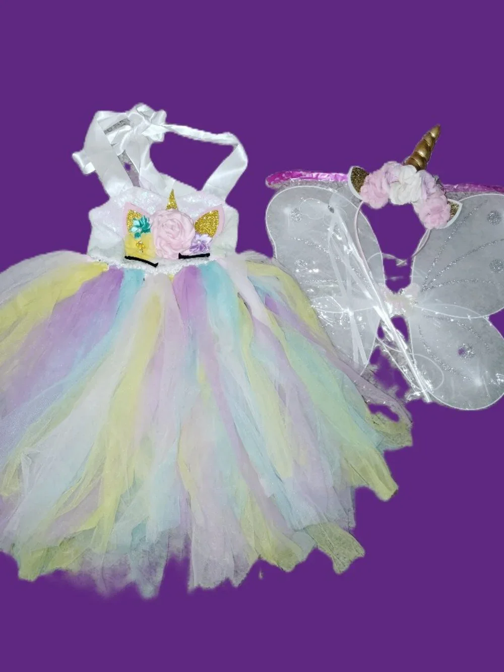 UNICORN PRINCESS COSTUME DRESS UP LOT DRESS WINGS HEADBAND WAND-GIRLS SIZE 10-12